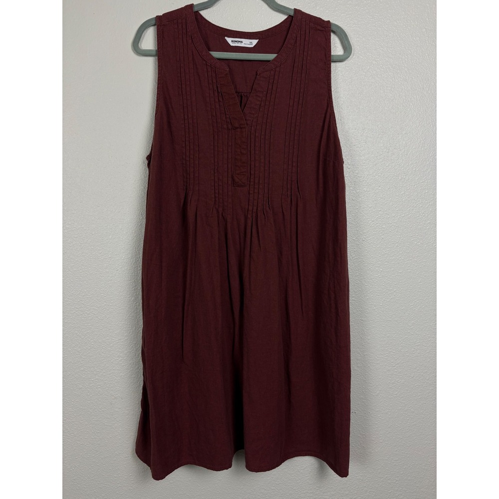 Sonoma Women's XXL Linen Blend Burgundy Pintuck Sleeveless Midi Dress Lagenlook
